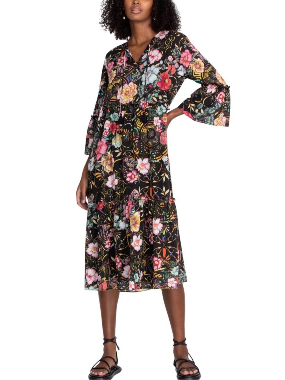 Johnny Was Black Floral Tie-Front Midi Dress